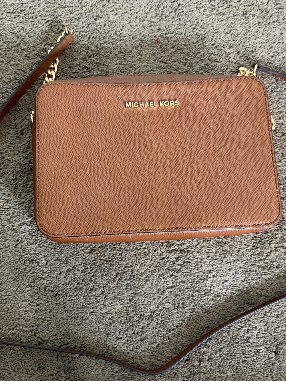 Michael Kors Tan Saffiano Leather Crossbody with Gold Tone Logo